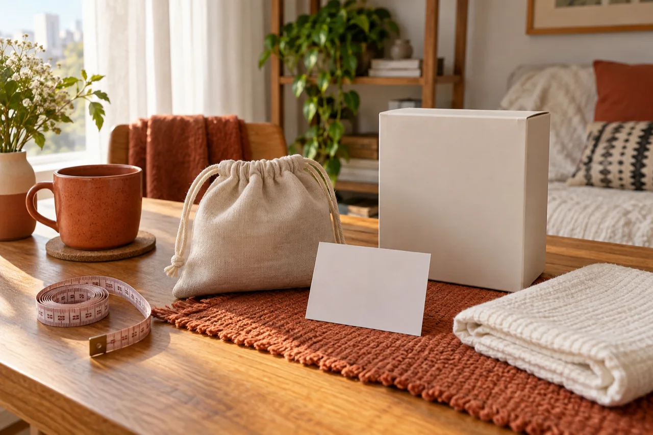 Bolsa de tecido e embalagem sem marca sobre uma mesa, com fita métrica ao lado