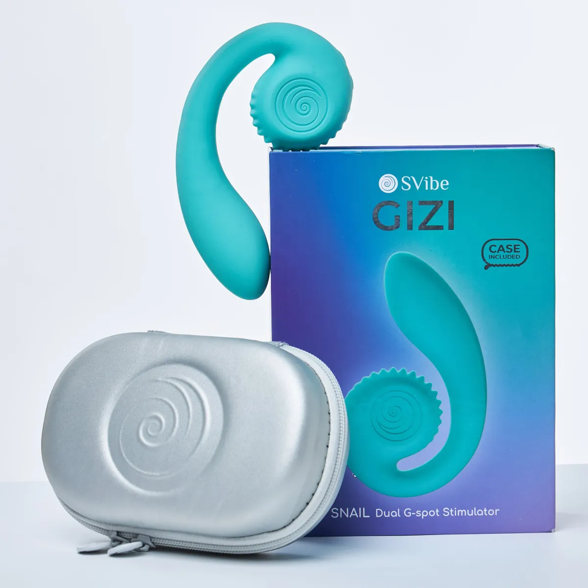 Snail Gizi azul-turquesa com caixa e estojo em fotografia oficial da SVibe